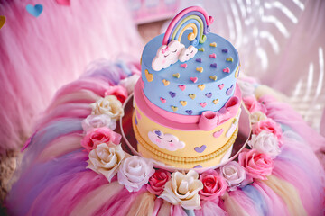 Adornos para festejos de cumpleaños infantil nuves, arcoiris, unicornios, oro,fantasia