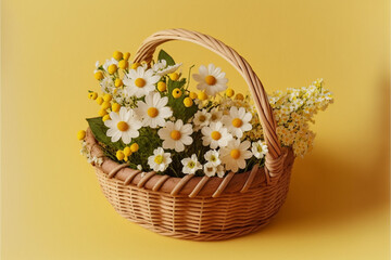 Fototapeta na wymiar Brightening Up the Room with Spring Blooms, A Wooden Basket of White Flowers in a Flat Lay Composition on a Yellow Background