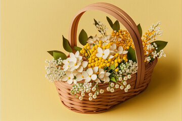 Brightening Up the Room with Spring Blooms: A Wooden Basket of White Flowers in a Flat Lay Composition on a Yellow Background