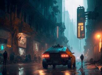 Dark moody Neon urban future. Futuristic car on the cyberpunk city street. Photorealistic Generative AI illustration. Futuristic skyscrapers with neon lights.