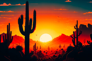 a cactus desert sunset comic book style cinematic