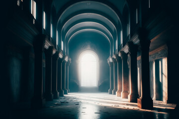 Fototapeta premium A cavernous empty hall, with natural light streaming in through tall windows