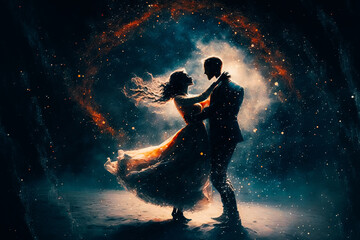 Naklejka premium A couple dancing in a dreamlike, starry setting