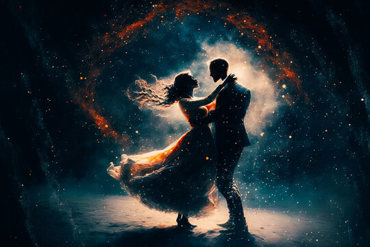 A couple dancing in a dreamlike, starry setting