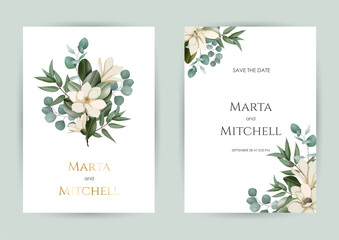 Wedding invitation set of card with leaves. Design with forest green leaves, magnolia, eucalyptus, fern & golden geometric frame. Floral Trendy templates for banner, flyer, poster, greeting.