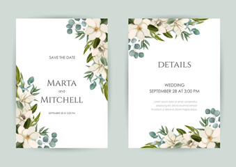Fototapeta na wymiar Wedding invitation set of card with leaves. Design with forest green leaves, magnolia, eucalyptus, fern & golden geometric frame. Floral Trendy templates for banner, flyer, poster, greeting.