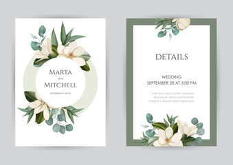 Wedding invitation set of card with leaves. Design with forest green leaves, magnolia, eucalyptus, fern & golden geometric frame. Floral Trendy templates for banner, flyer, poster, greeting.