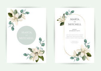 Wedding invitation set of card with leaves. Design with forest green leaves, magnolia, eucalyptus, fern & golden geometric frame. Floral Trendy templates for banner, flyer, poster, greeting.