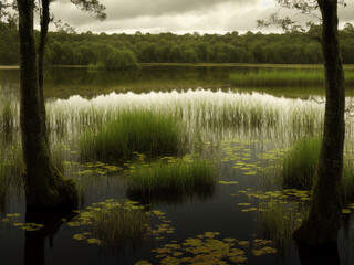 Swampy marshland. Palm trees. Tropical forest.	