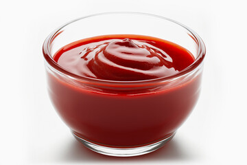 Close up delicious ketchup in glass bowl isolated on white background. Portion of tomato sauce with clipping path. Collection of various sauces