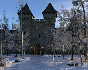 Historical castle in snowy winter forest.