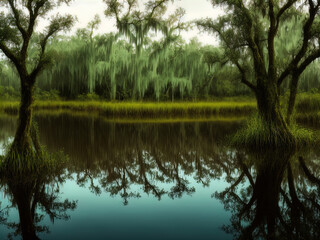 Swampy marshland. Palm trees. Tropical forest.	
