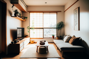 A living room designed in Japan Style, clean lines, minimalistic, natural materials, neutral colors, wooden flooring, large windows
