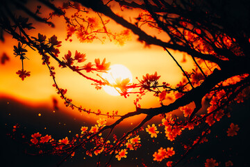 A peaceful scene of cherry blossom branches silhouetted against a warm, golden sunrise, with a hint of mist lingering in the air