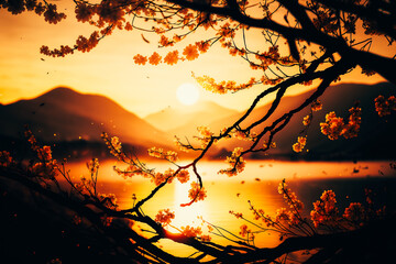 A peaceful scene of cherry blossom branches silhouetted against a warm, golden sunrise, with a hint of mist lingering in the air