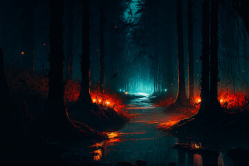 A rough painting style depicts a forest at night, with muddy ground and footsteps leading through the trees