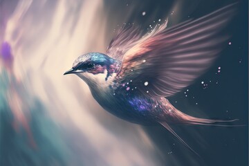 a colorful bird flying through the air with its wings spread out and its wings spread out, with a purple and blue background behind it.  generative ai