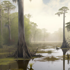 A foggy swamp. Dark and mysterious.