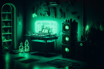 A vibrant green neon light illuminates a dark room, casting a futuristic glow on the surrounding objects