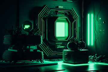 A vibrant green neon light illuminates a dark room, casting a futuristic glow on the surrounding objects