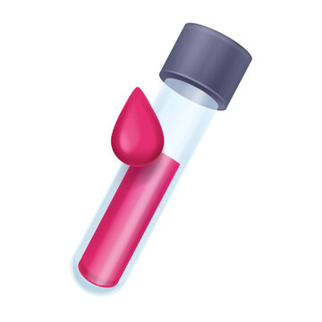 3D Blood Test Tube Icon, Vector Phial Vessel, Healthcare Laboratory Cartoon Medical Glass Vial. Hospital Virus Check, Red Drop, Patient Infection Analysis, Chemistry Education Clipart. Blood Test