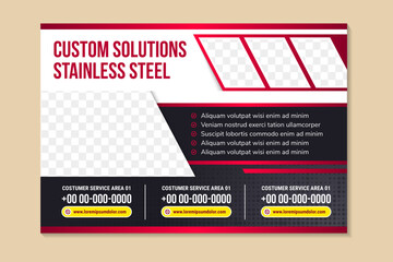 abstract flyer template design with headline is custom solution, stainless steel. space of photo collage and text. Advertising banner with horizontal layout. red and black element in white background.