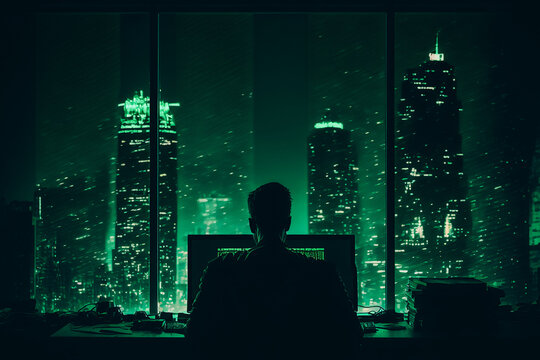 An anonymous hacker works under the cover of darkness, illuminated only by the haunting green light of their computer screen
