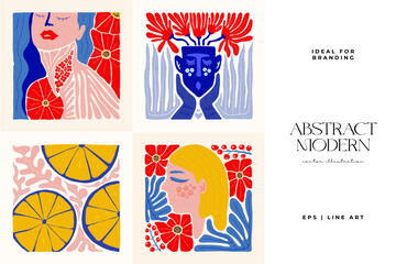 Abstract art posters template. Modern trendy Matisse minimal style. Pink, blue, yellow colors. Hand drawn design for wallpaper, wall decor, print, postcard, cover, template, banner. 