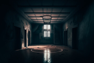 Basketball court, with hoop, basketball. In the horror house