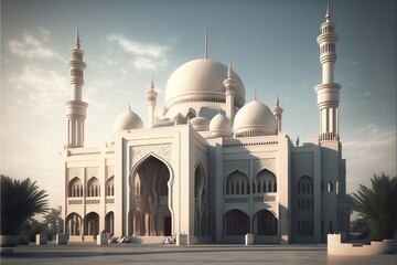 Fototapeta na wymiar Front view of beautiful Islamic Mosque Illustration created with Generative AI Technology
