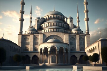Front view of beautiful Islamic Mosque Illustration created with Generative AI Technology