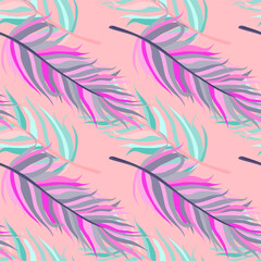 Seamless pattern with feathers. Abstract tropical palm leaves.