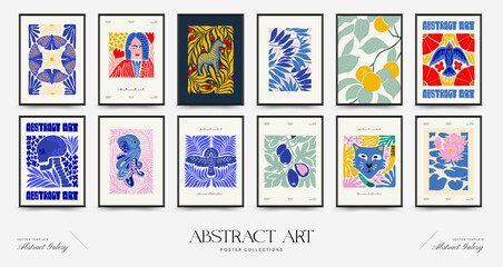 Fototapeta na wymiar Abstract art posters template. Modern trendy Matisse minimal style. Pink, blue, yellow colors. Hand drawn design for wallpaper, wall decor, print, postcard, cover, template, banner. 