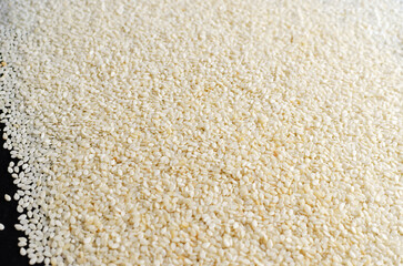 sesame seeds scattered on a black background. Concept of healthy food. Horizontal orientation