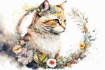 hyper detailed isolated illlustration of a floral cat