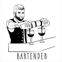 man pours drink from shaker in glasses, while preparing cocktails and alcoholic beverages in bar or pub. service staff, professional bartender, barista. bartender's day. doodle style.