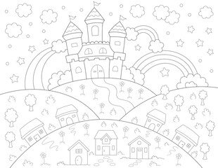 castle, rainbows and mountains coloring page. you can print it on 8.5x11 inch paper