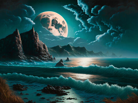Fantastic ocean mountain moon clouds beach night sky background