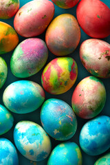 Easter eggs viewed from above. Colorful Easter background. Top view