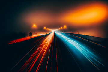 long exposure of motorway on a misty night