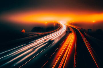 Fototapeta na wymiar long exposure of motorway on a misty night