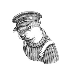 Vector vintage hand-drawn illustration of sailor otter in engraving style. Sketch with funny animal character in clothes. Portrait of cute personage.