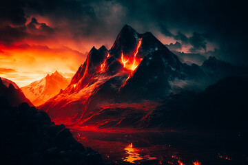 norway mountains as background, ethereal, landscape, haunted, dark fantasy, at sunset with fiery embers