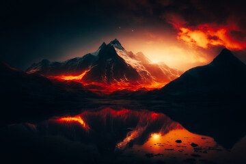 Fototapeta premium norway mountains as background, ethereal, landscape, haunted, dark fantasy, at sunset with fiery embers