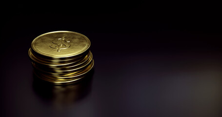 Gold coins stacked on black background. 3D render image with copy space.