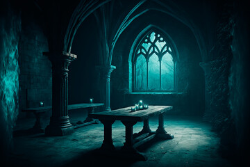 simple dark fantasy scene, wooden table