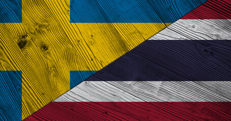 Background with flag of Sweden and Thailand on wooden split board. 3d illustration