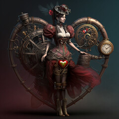 Valentine's Day day digital art.  Woman in love, Steampunk style, AI Generated