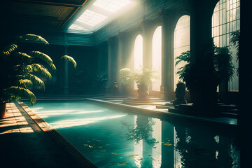 The calm and serene atmosphere of the early morning is perfectly captured in this image of a sprawling pool