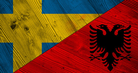 Background with flag of Sweden and Albania on wooden split board. 3d illustration